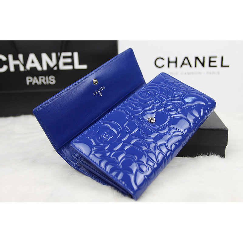 Chanel Camellia Tri-Fold Wallet Original Patent Leater A50084 Blue