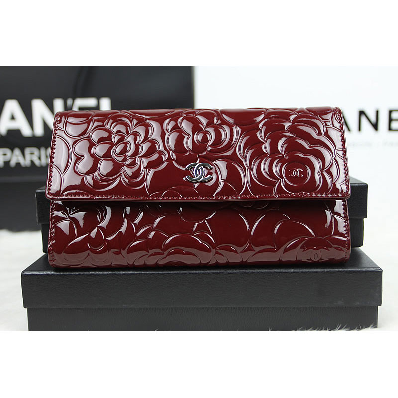 Chanel Camellia Tri-Fold Wallet Original Patent Leater A50084 Claret