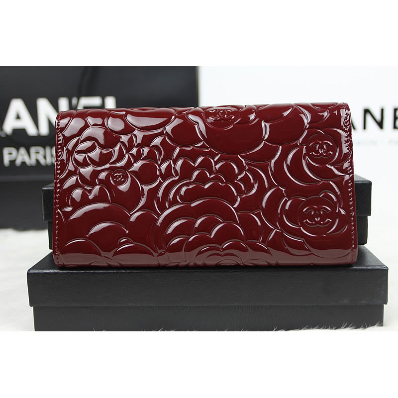 Chanel Camellia Tri-Fold Wallet Original Patent Leater A50084 Claret