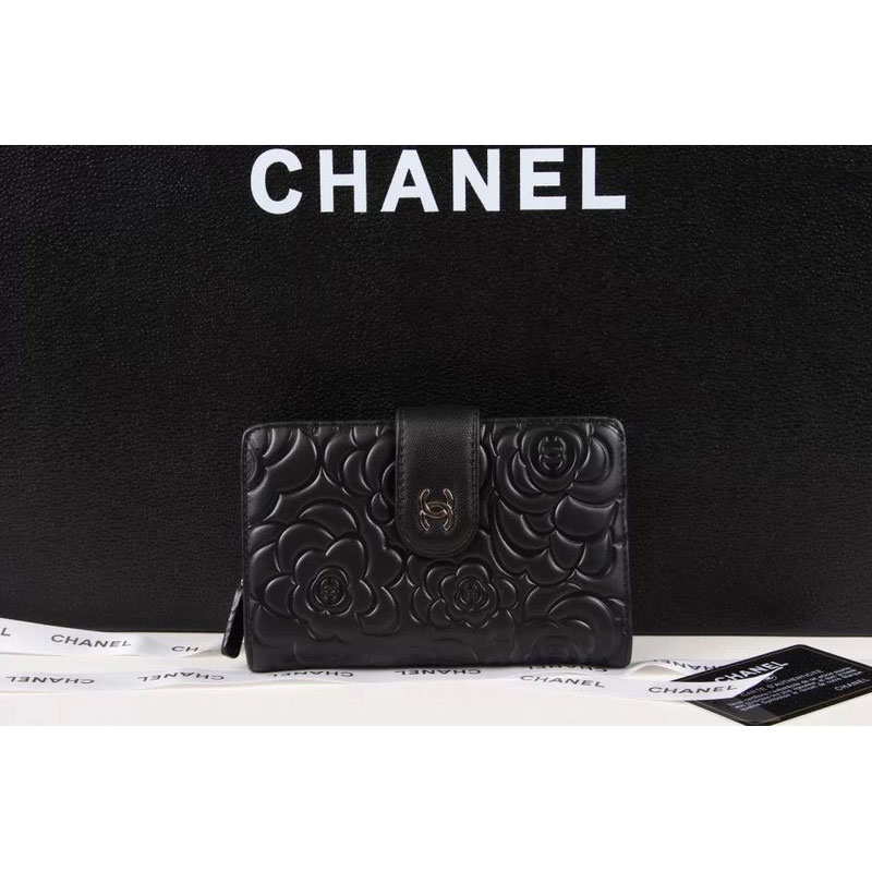 Chanel Camellias Bi-Fold Wallet Original Leather A50087 Black