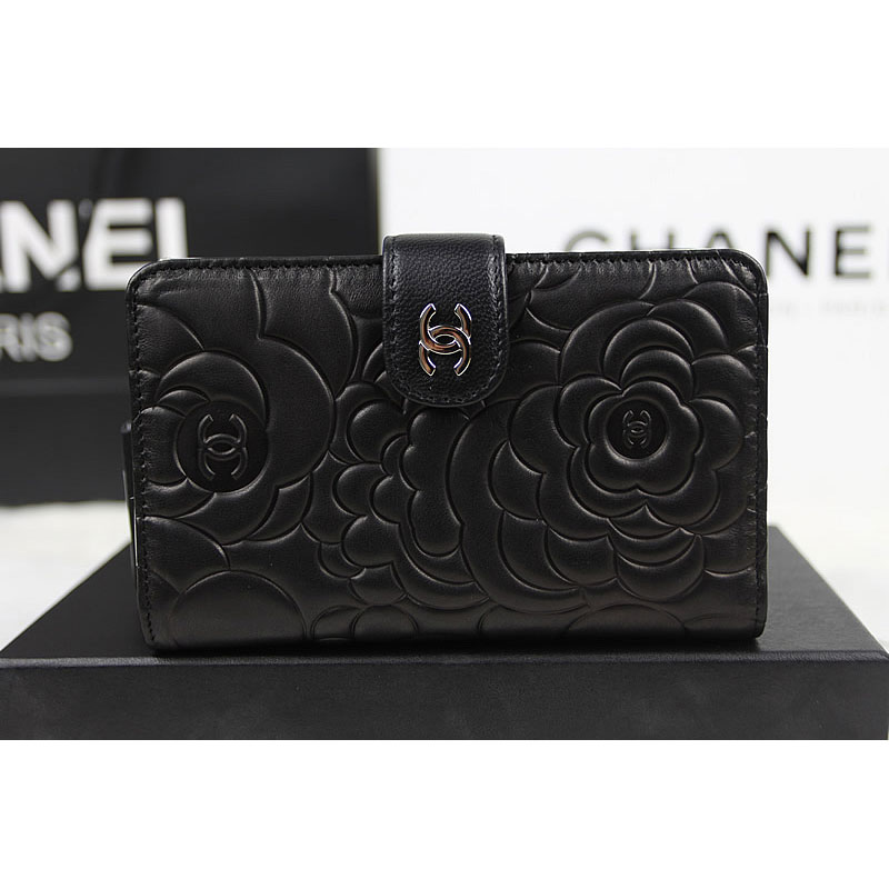 Chanel Camellias Bi-Fold Wallet Original Leather A50087 Black