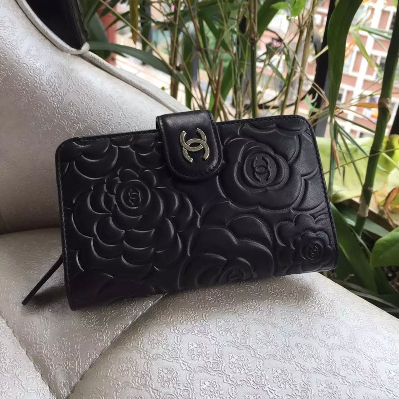 Chanel Camellias Bi-Fold Wallet Original Leather A50087 Black