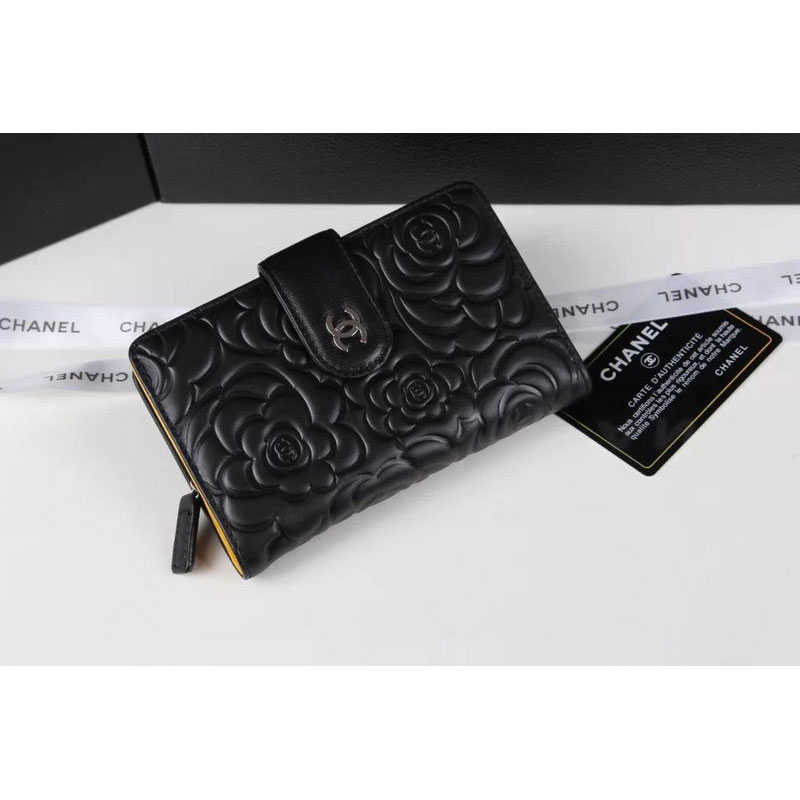 Chanel Camellias Bi-Fold Wallet Original Leather A50087 Black