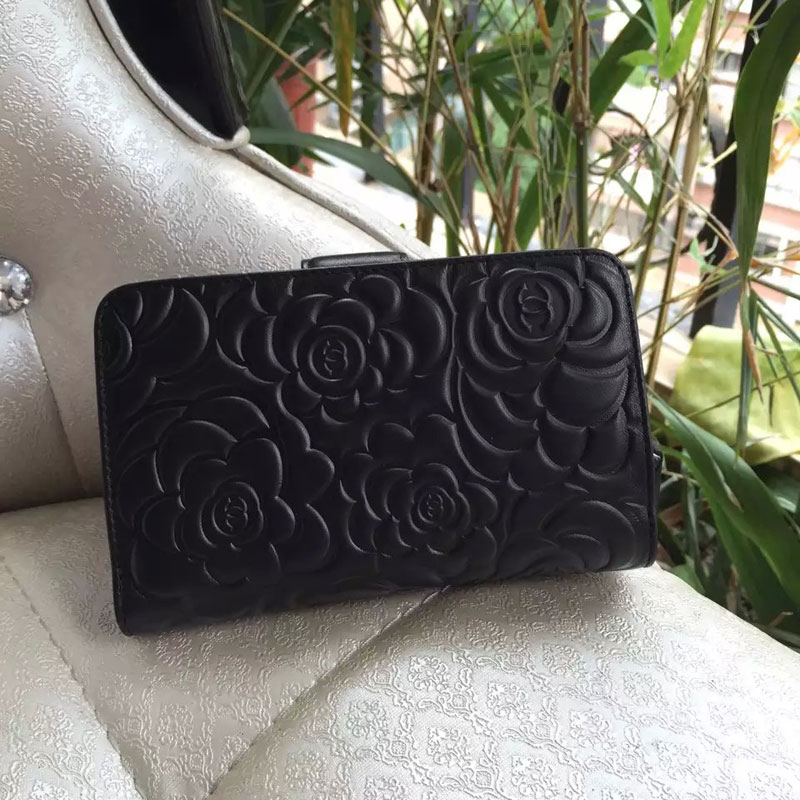 Chanel Camellias Bi-Fold Wallet Original Leather A50087 Black