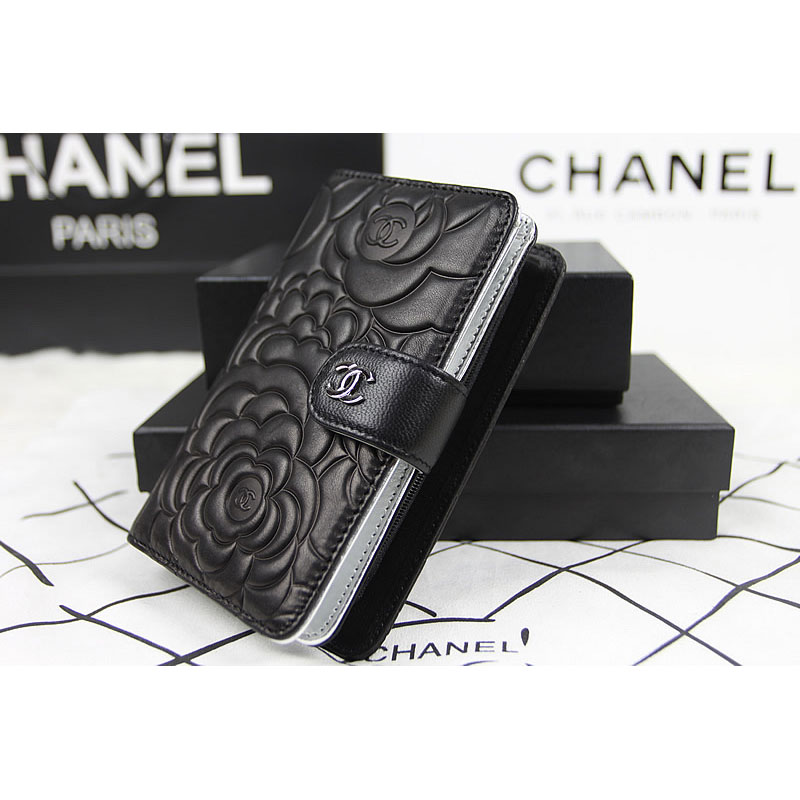 Chanel Camellias Bi-Fold Wallet Original Leather A50087 Black