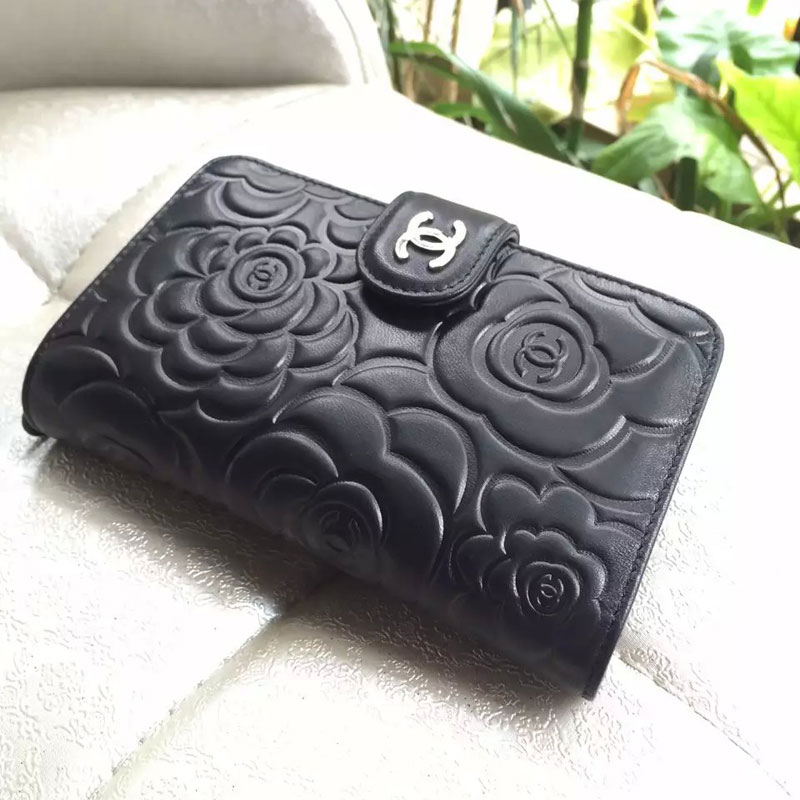 Chanel Camellias Bi-Fold Wallet Original Leather A50087 Black