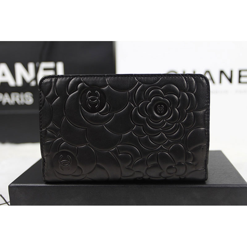 Chanel Camellias Bi-Fold Wallet Original Leather A50087 Black