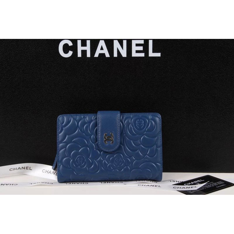 Chanel Camellias Bi-Fold Wallet Original Leather A50087 Royalblue