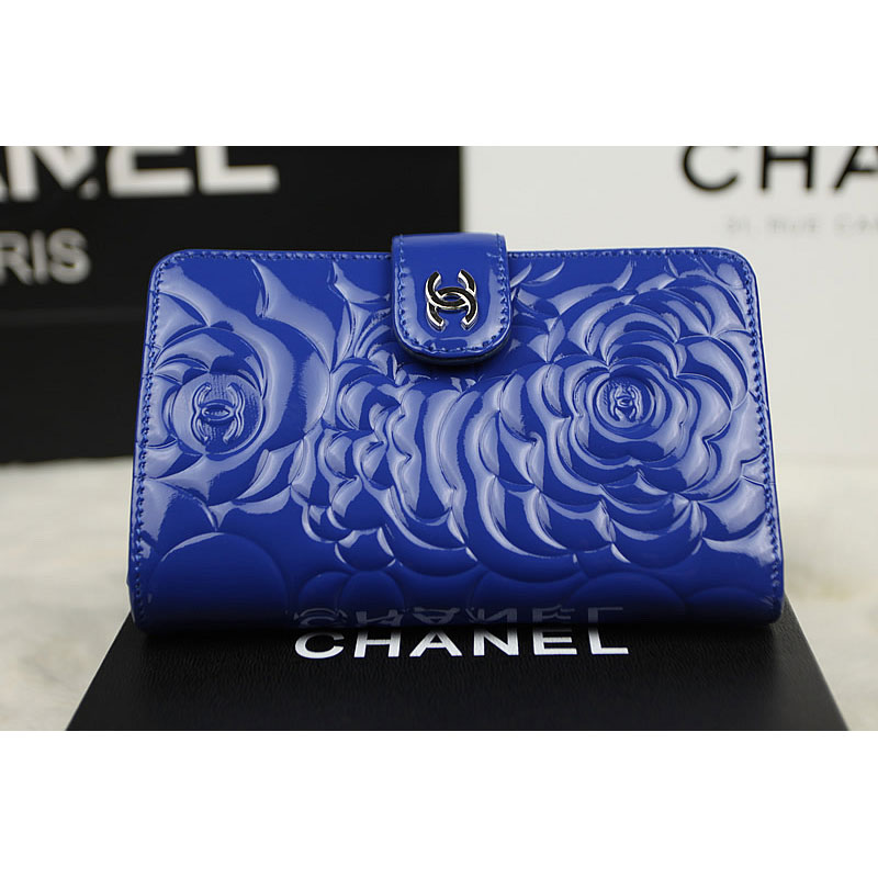 Chanel Camellias Bi-Fold Wallet Original patent Leather A50087 Blue