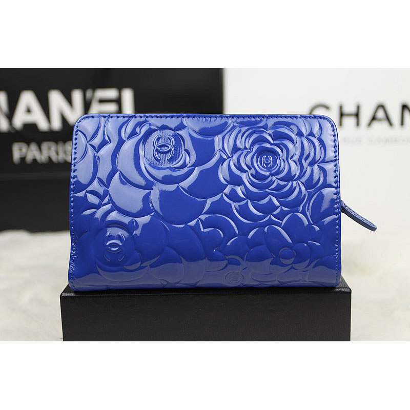 Chanel Camellias Bi-Fold Wallet Original patent Leather A50087 Blue