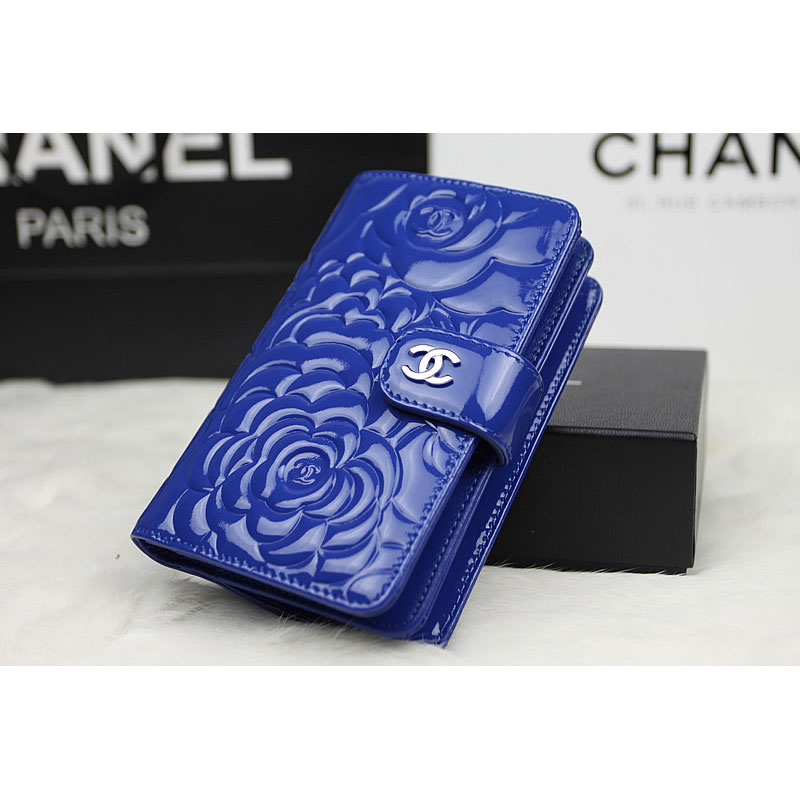 Chanel Camellias Bi-Fold Wallet Original patent Leather A50087 Blue