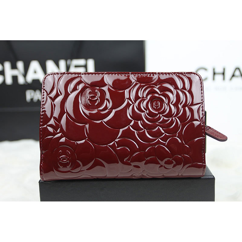 Chanel Camellias Bi-Fold Wallet Original patent Leather A50087 Claret