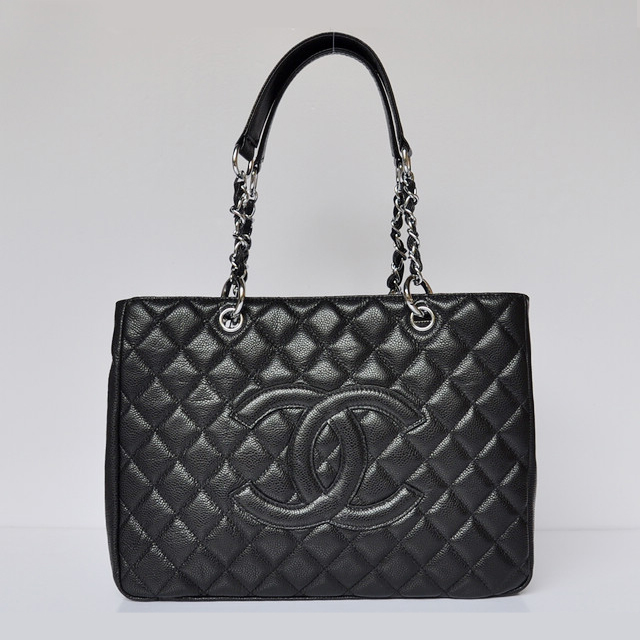 Chanel Classic Bag Shopper Tote Handbags Caviar leather 20995 Black Silver