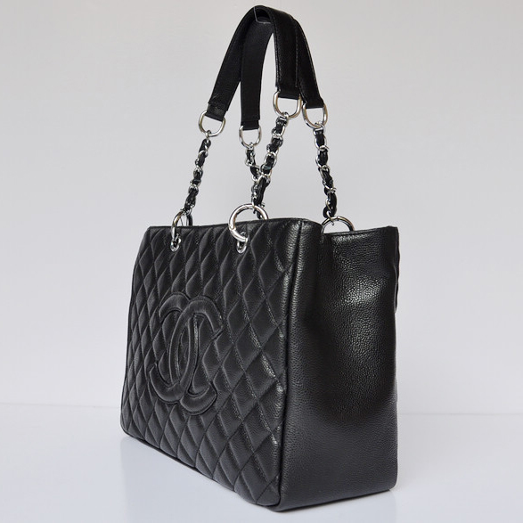 Chanel Classic Bag Shopper Tote Handbags Caviar leather 20995 Black Silver