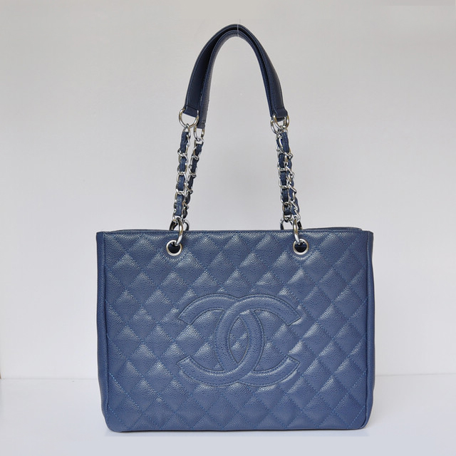 Chanel Classic Bag Shopper Tote Handbags Caviar leather 20995 Blue Silver