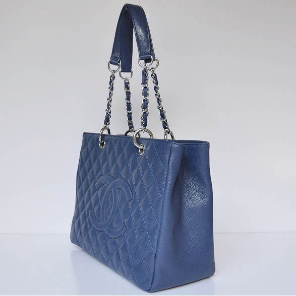 Chanel Classic Bag Shopper Tote Handbags Caviar leather 20995 Blue Silver