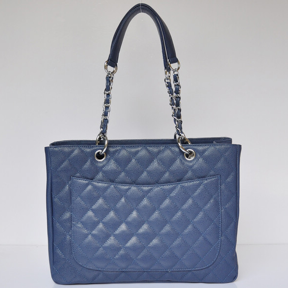 Chanel Classic Bag Shopper Tote Handbags Caviar leather 20995 Blue Silver