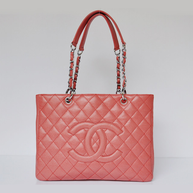 Chanel Classic Bag Shopper Tote Handbags Caviar leather 20995 Red Silver