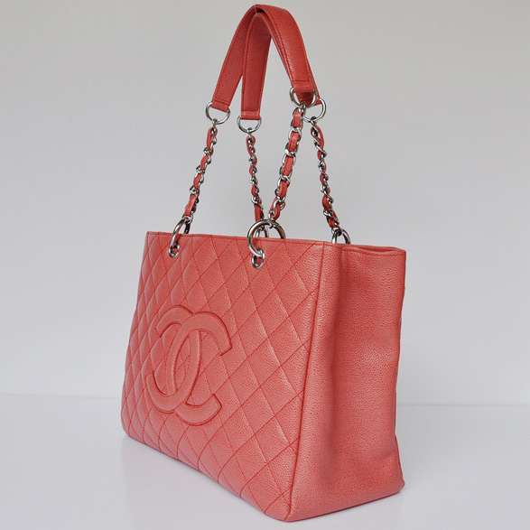 Chanel Classic Bag Shopper Tote Handbags Caviar leather 20995 Red Silver