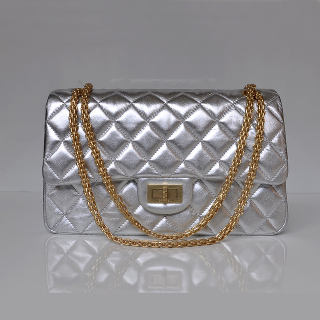 Chanel Classic Falp Bag Sheepskin Leather A28668 in Silver with Gold Chain