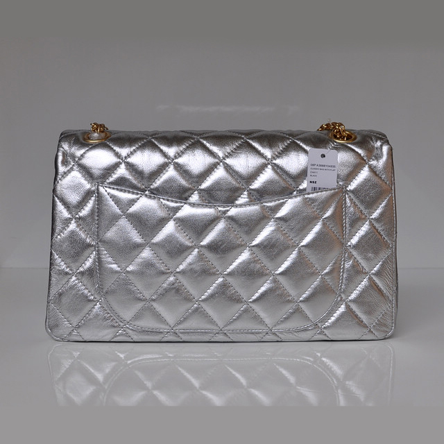 Chanel Classic Falp Bag Sheepskin Leather A28668 in Silver with Gold Chain