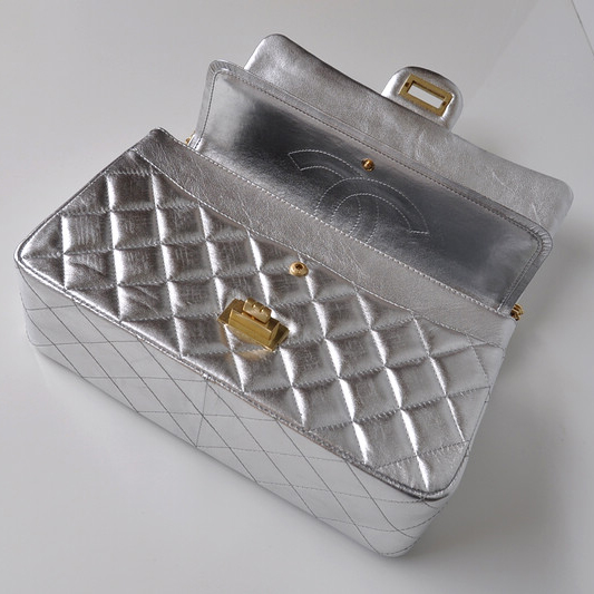 Chanel Classic Falp Bag Sheepskin Leather A28668 in Silver with Gold Chain