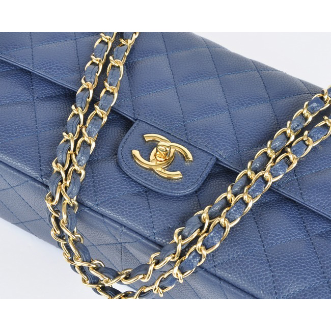 Chanel Classic Flap Bag 1113 Caviar leather in Light Blue with Gold