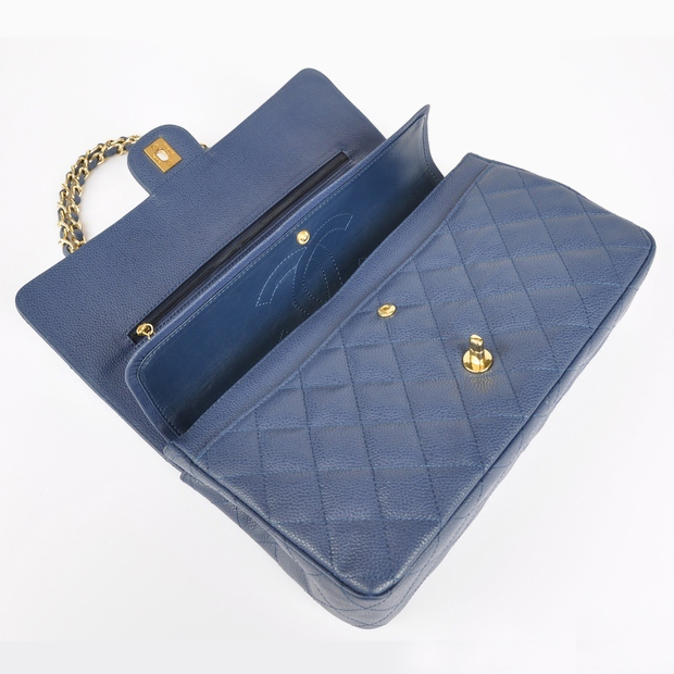 Chanel Classic Flap Bag 1113 Caviar leather in Light Blue with Gold