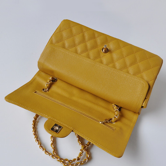 Chanel Classic Flap Bag 1113 Caviar leather in Yellow with Gold