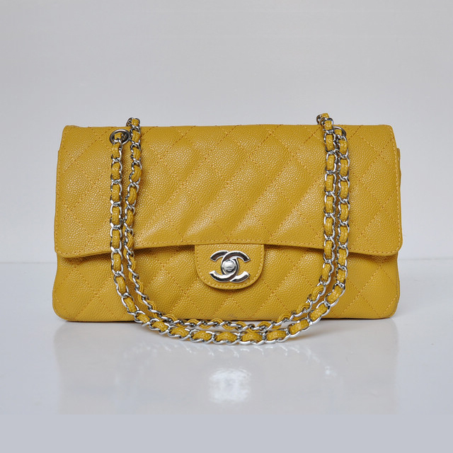 Chanel Classic Flap Bag 1113 Caviar leather in Yellow with Silver