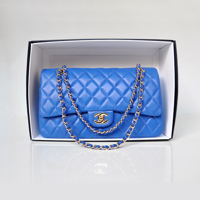 Chanel Classic Flap Bag 1113 Original Lambskin leather in Blue with Gold