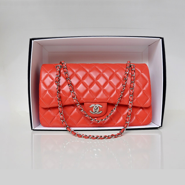 Chanel Classic Flap Bag 1113 Original Lambskin leather in Orange with Silver