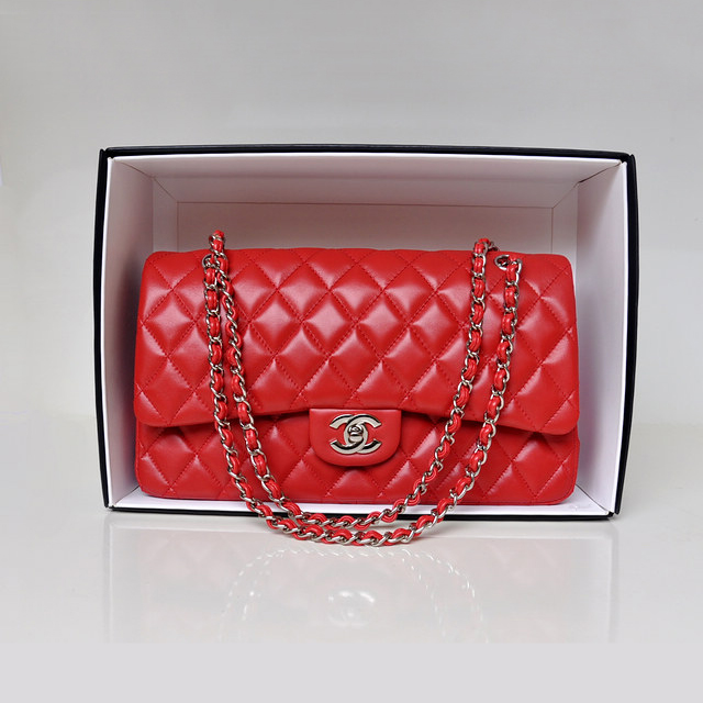 Chanel Classic Flap Bag 1113 Original Lambskin leather in Red with Silver