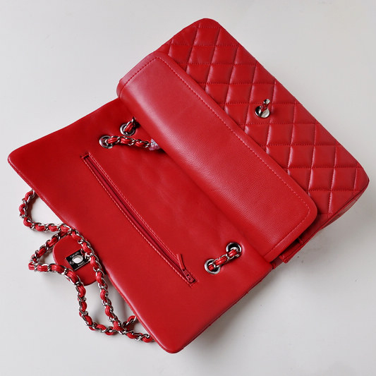 Chanel Classic Flap Bag 1113 Original Lambskin leather in Red with Silver