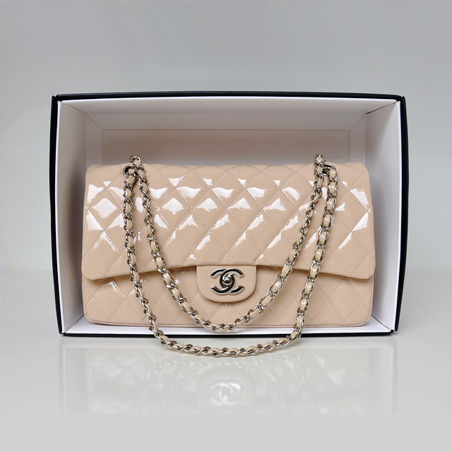 Chanel Classic Flap Bag 1113 Original Patent leather in Apricot with Silver