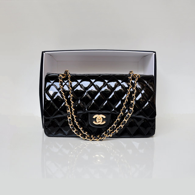 Chanel Classic Flap Bag 1113 Original Patent leather in Black with Gold