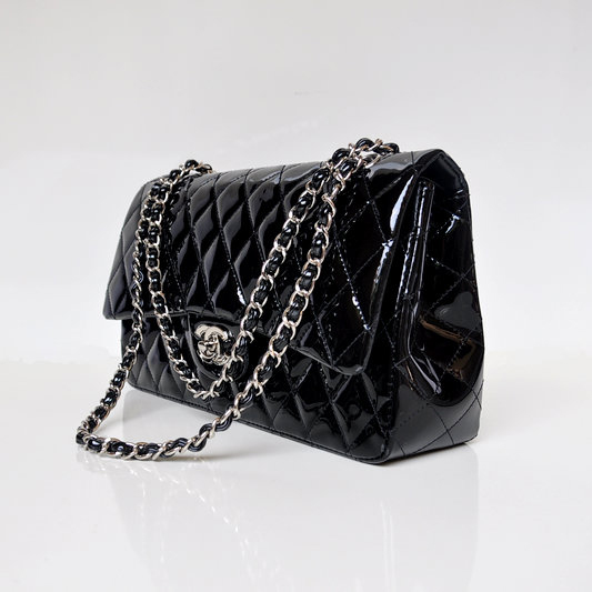 Chanel Classic Flap Bag 1113 Original Patent leather in Black with Silver