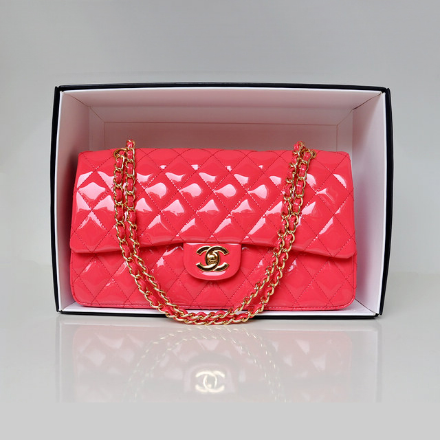 Chanel Classic Flap Bag 1113 Original Patent leather in Peach with Gold