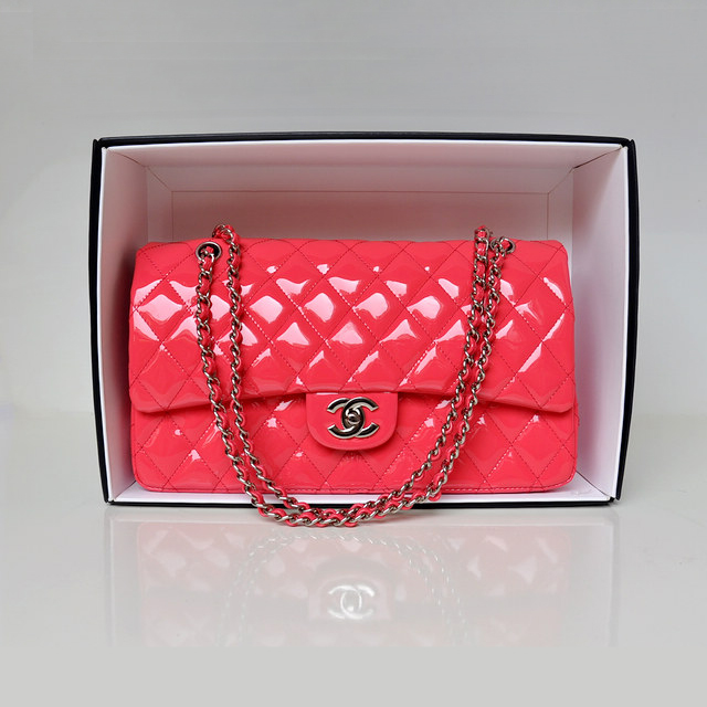 Chanel Classic Flap Bag 1113 Original Patent leather in Peach with Silver