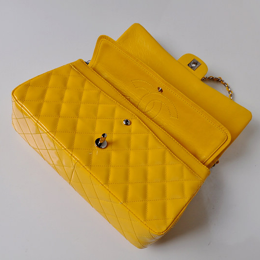 Chanel Classic Flap Bag 1113 Original Patent leather in Yellow with Gold