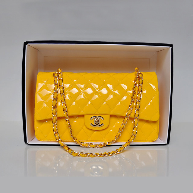 Chanel Classic Flap Bag 1113 Original Patent leather in Yellow with Silver