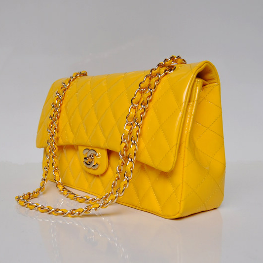 Chanel Classic Flap Bag 1113 Original Patent leather in Yellow with Silver