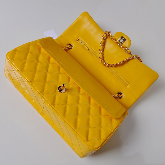 Chanel Classic Flap Bag 1113 Original Patent leather in Yellow with Silver