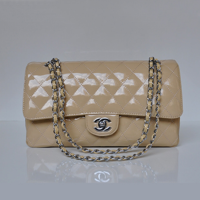 Chanel Classic Flap Bag 1113 Patent leather in Apricot with Silver