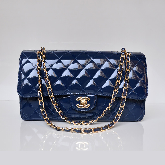 Chanel Classic Flap Bag 1113 Patent leather in Blue with Gold