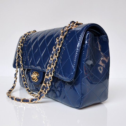 Chanel Classic Flap Bag 1113 Patent leather in Blue with Gold