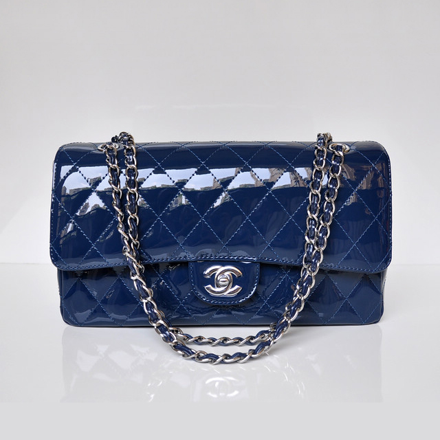 Chanel Classic Flap Bag 1113 Patent leather in Blue with Silver