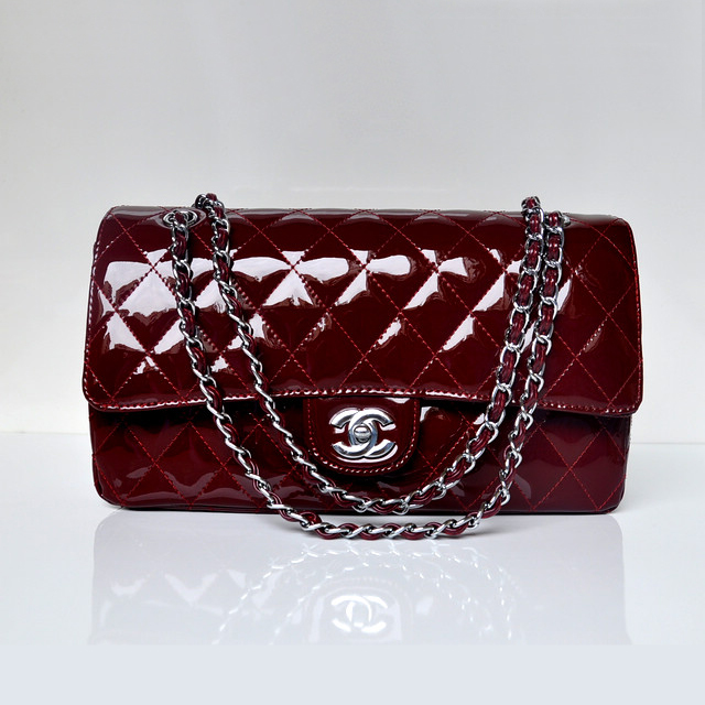 Chanel Classic Flap Bag 1113 Patent leather in Claret with Silver