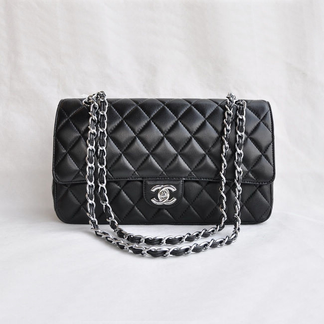 Chanel Classic Flap Bag 1113 Sheepskin leather in Black with Silver