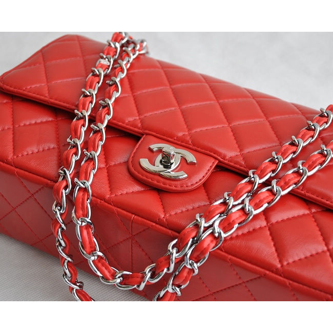 Chanel Classic Flap Bag 1113 Sheepskin leather in Red with Silver